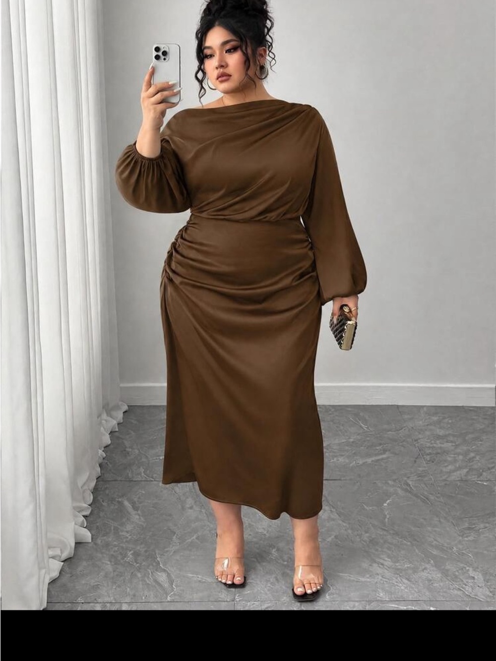 SHEIN Brown Ruched Midi Dress with Balloon Sleeves